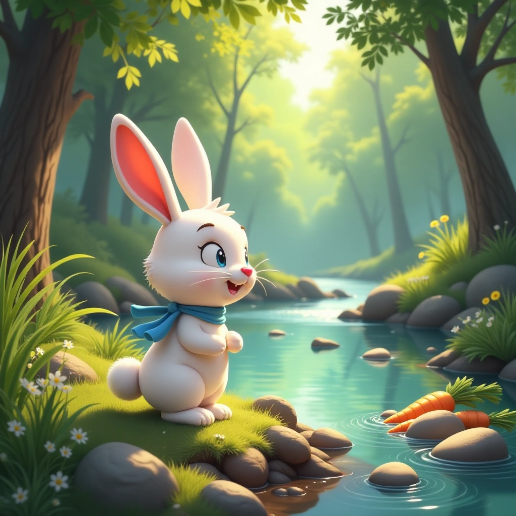 A hungry rabbit discovers carrots across the river.
