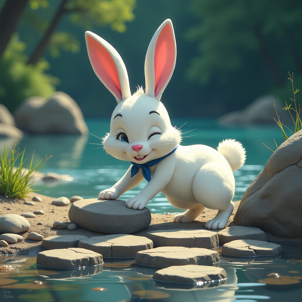The rabbit cleverly moves stones to create a path.