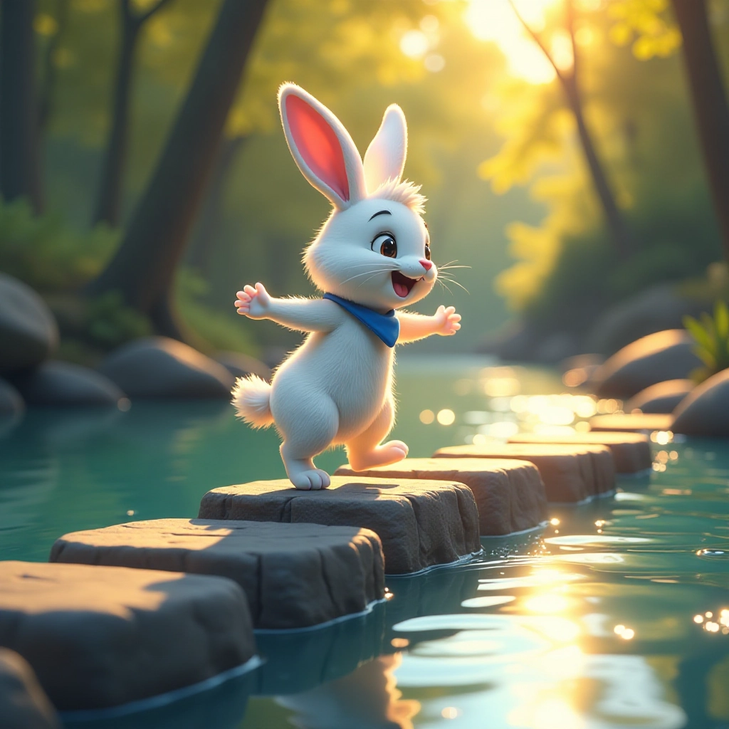 The rabbit carefully crosses the river using the stones.