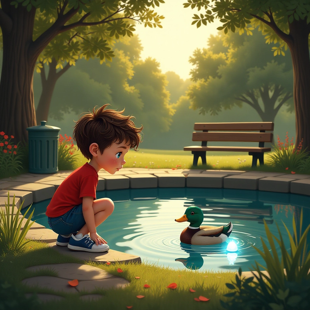 A young boy discovers a magical blue stone by a pond.