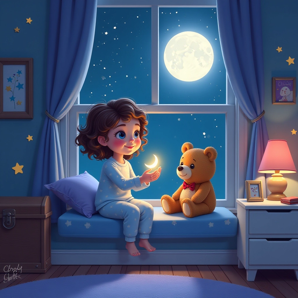 A young girl discovers a mysterious moonlight necklace by her window.
