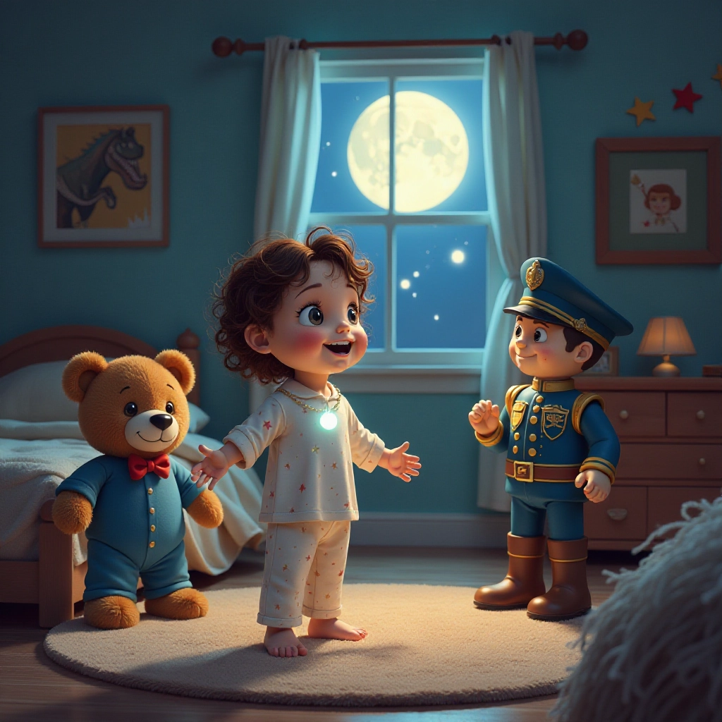 The magical necklace brings Emily's toys to life in her playroom.