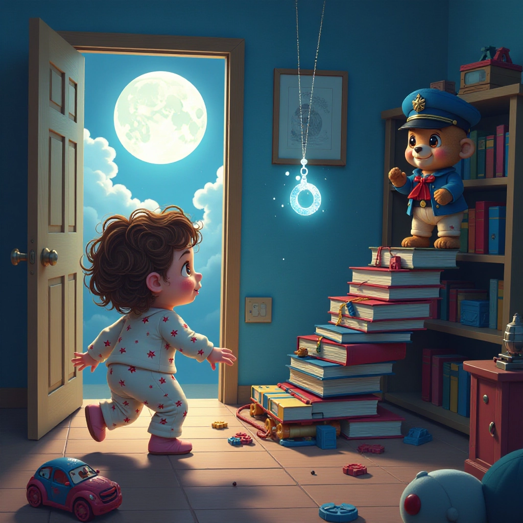 Emily and her animated toys chase after the floating magical necklace.