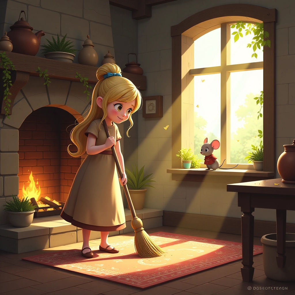 Cinderella sweeping in her kitchen with her mouse friend