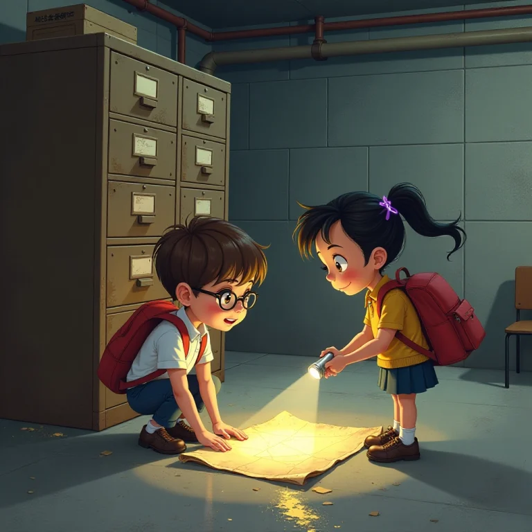Children explore school basement and find ancient treasure map.
