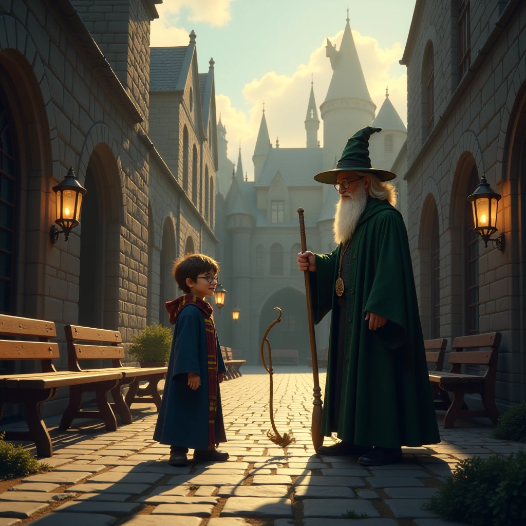 Young wizard Harry Potter begins his first flying lesson with Professor Hawthorne in the magical courtyard of Hogwarts.