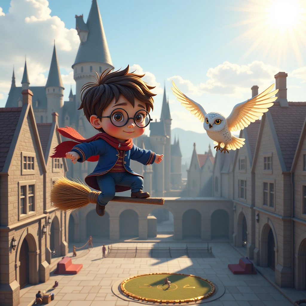 Harry Potter takes his first wobbly flight with his faithful owl Luna by his side.