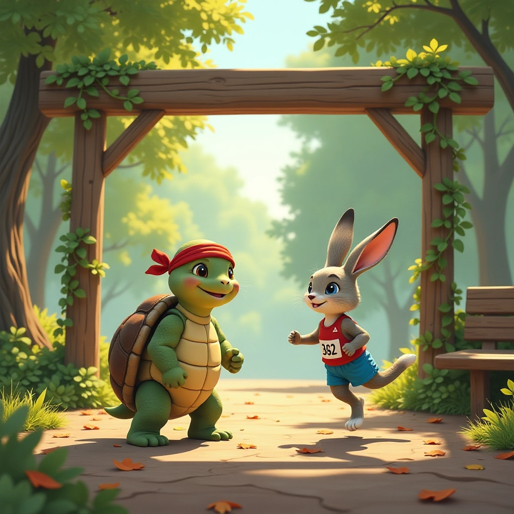 A tortoise and hare meet at the starting line of a forest race