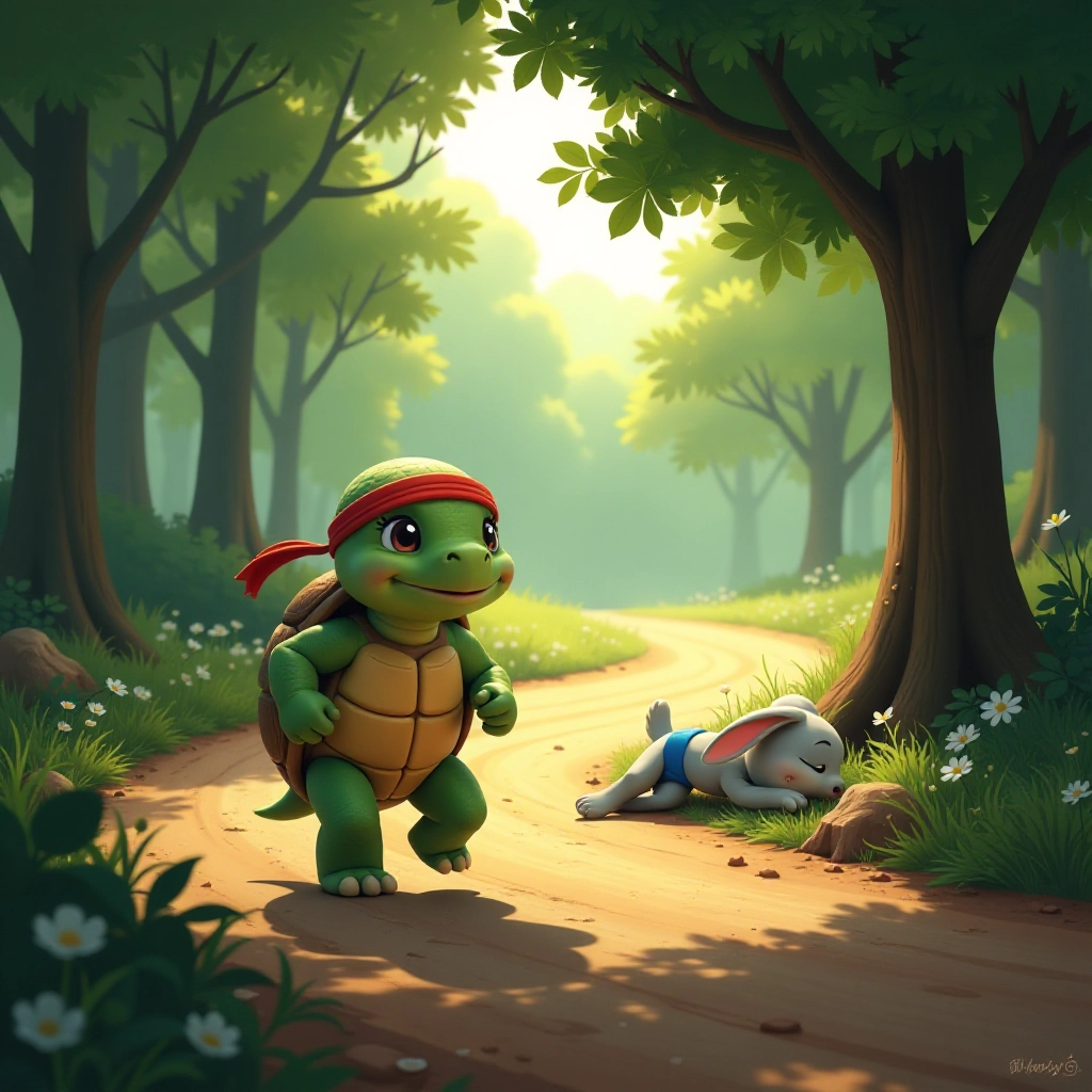 The race begins with the tortoise's steady pace and the hare's overconfidence