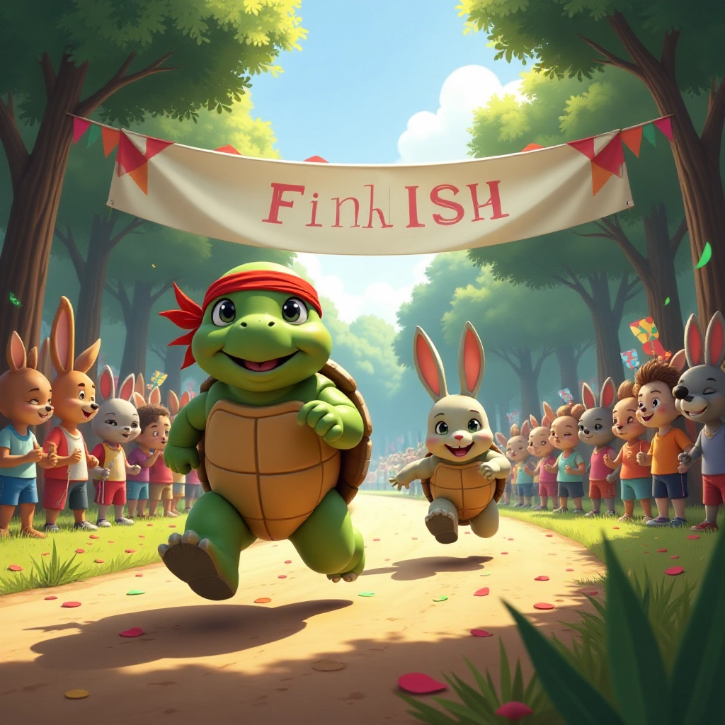The climactic moment as the tortoise approaches the finish line