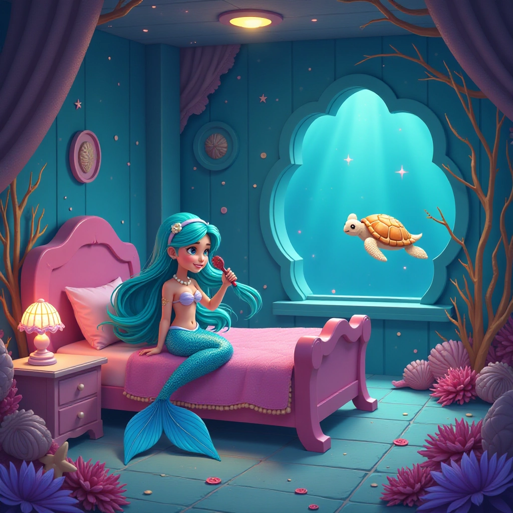 Little mermaid Pearl prepares for bedtime in her coral palace bedroom.