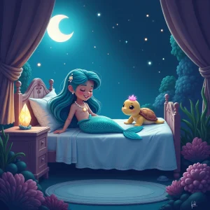 Pearl returns to bed as magical crystal sings peaceful lullaby.