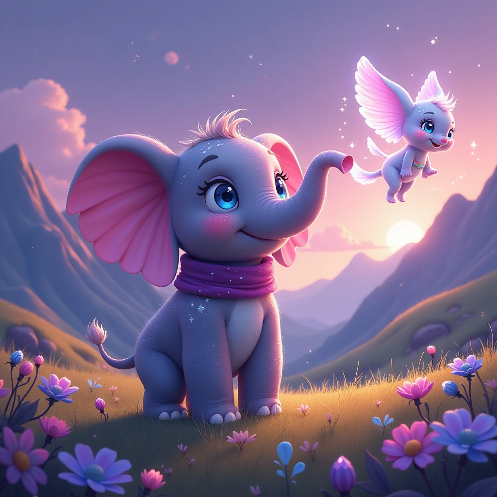 Young elephant discovers mysterious wind chime in magical meadow