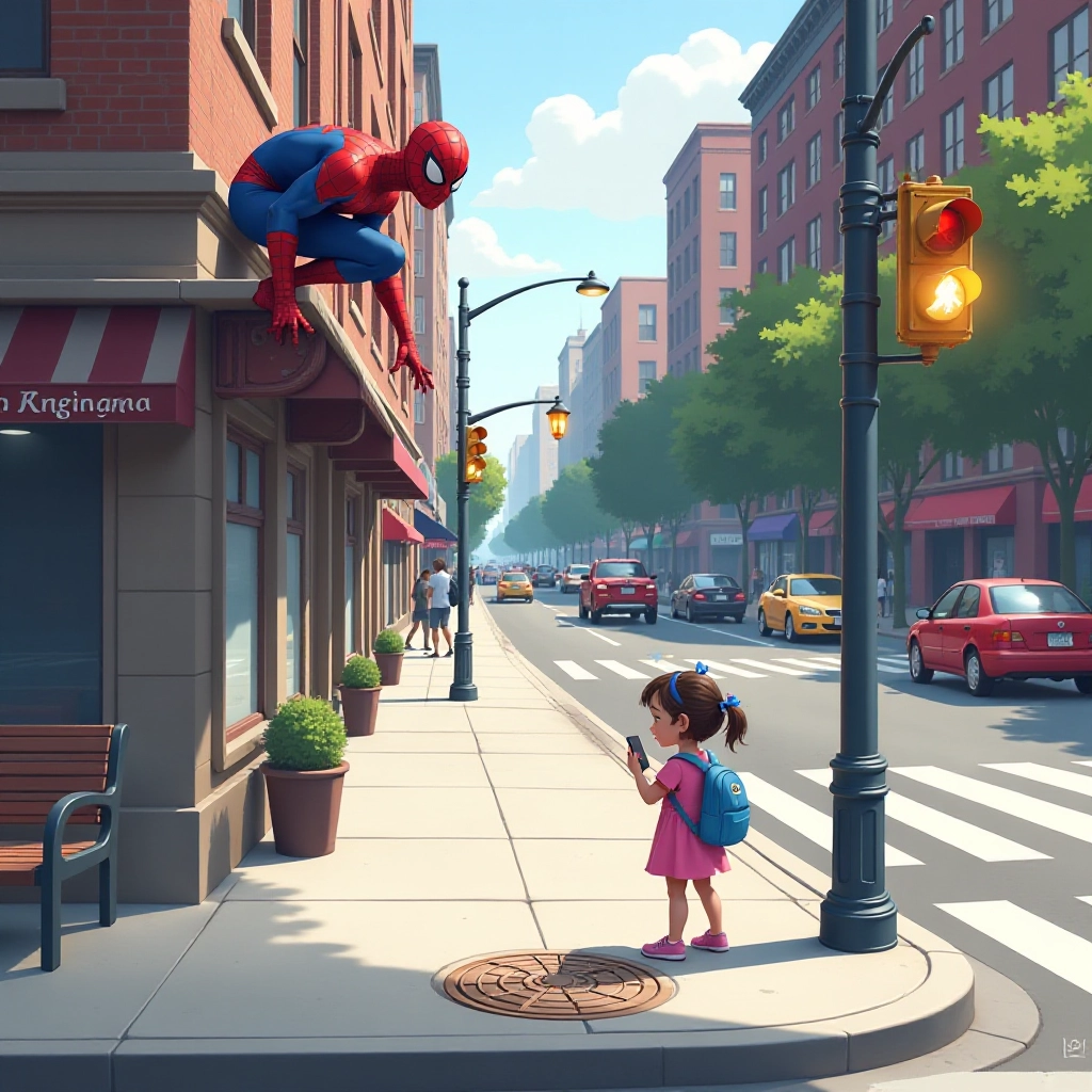 A distracted young girl stands at a busy crosswalk while Spider-Man watches from above.