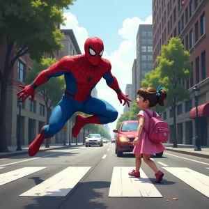 Spider-Man swings into action to save Lucy from an approaching car.