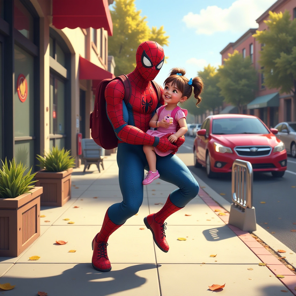 Spider-Man safely rescues Lucy and brings her to the sidewalk.