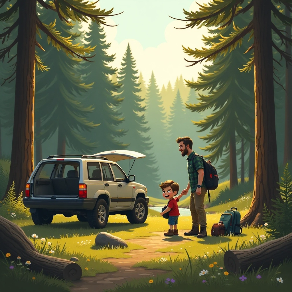 Young boy arrives at forest campsite with father for first camping adventure