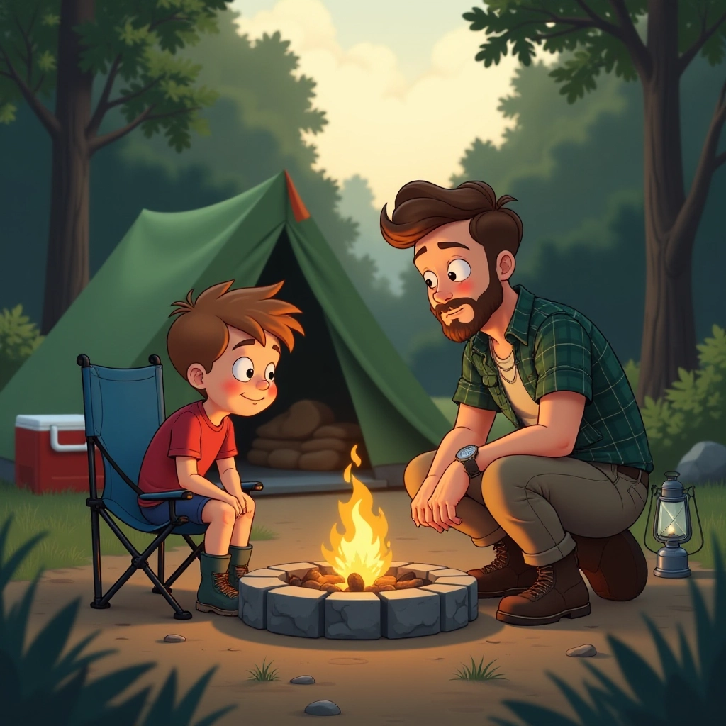 Father teaches son how to safely build and light a campfire