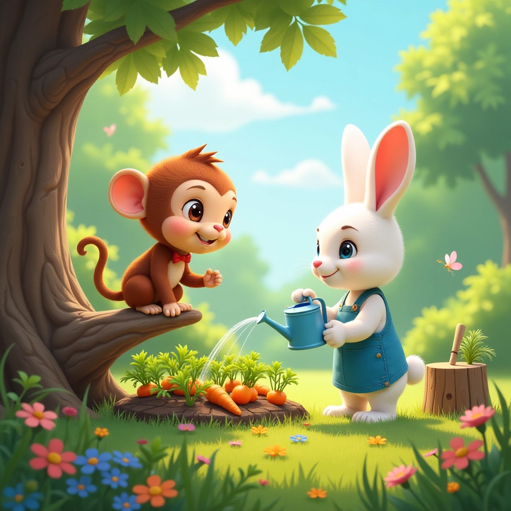 A playful baby monkey meets a gardening rabbit in a sunny forest clearing