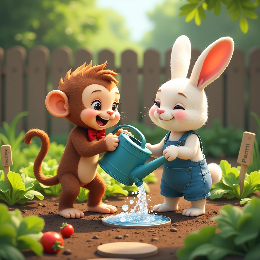 Baby monkey creates chaos while learning to water plants with Garden Rabbit