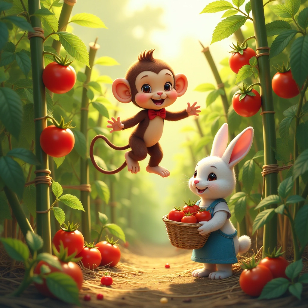 Baby monkey's amusing attempts at picking tomatoes lead to a funny mishap