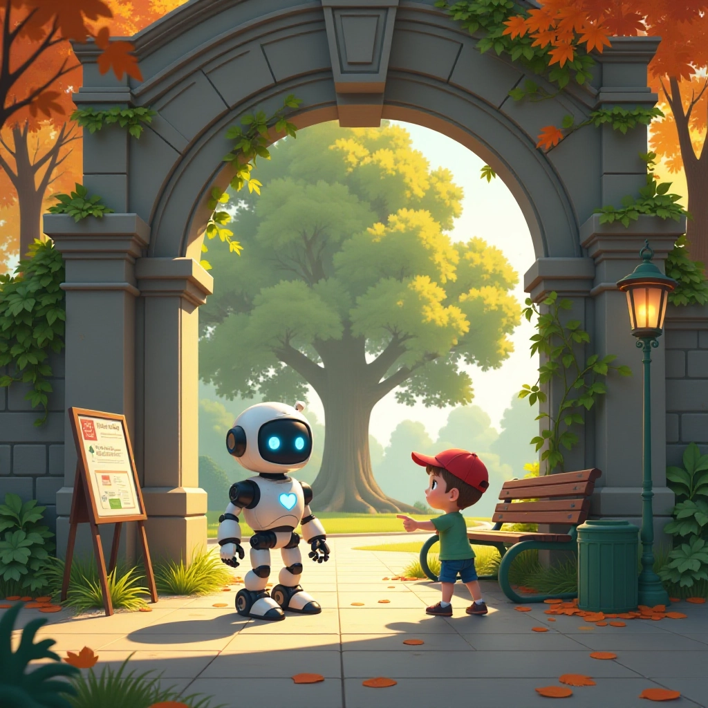 A small robot and young boy discover a sick tree in the park.