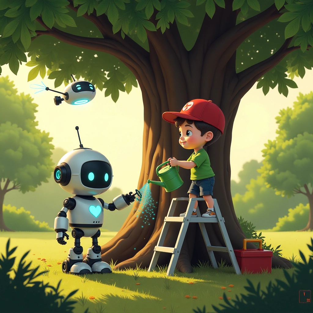 The duo work together to treat the sick tree.