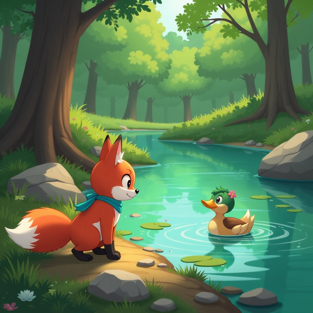 A nervous young fox meets a friendly duck by the pond