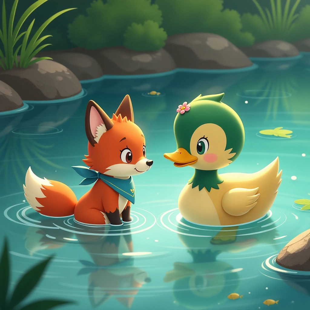 The fox takes his first brave steps into the water with the duck's guidance