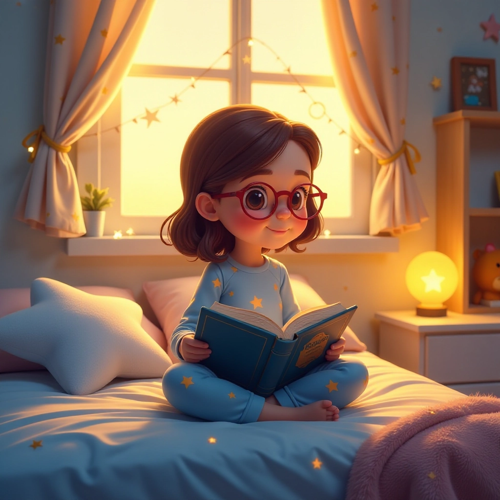 A young girl discovers a magical book in her cozy bedroom