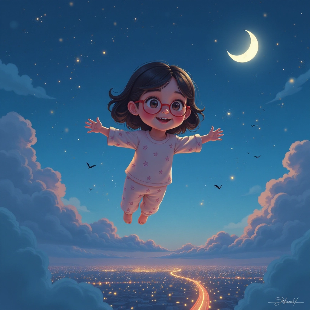 Lucy begins her magical flight through the starlit sky