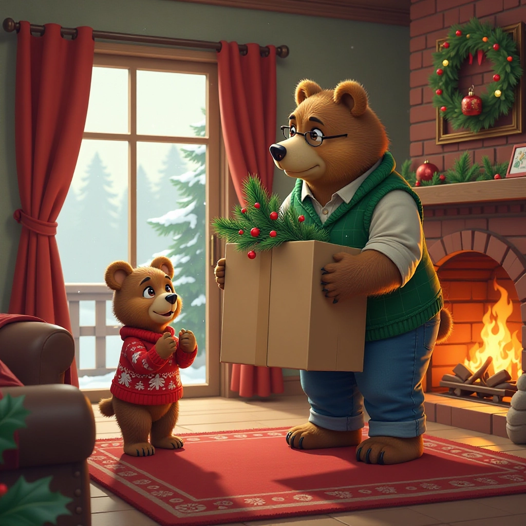 Excited little bear and grandpa bring in Christmas tree.