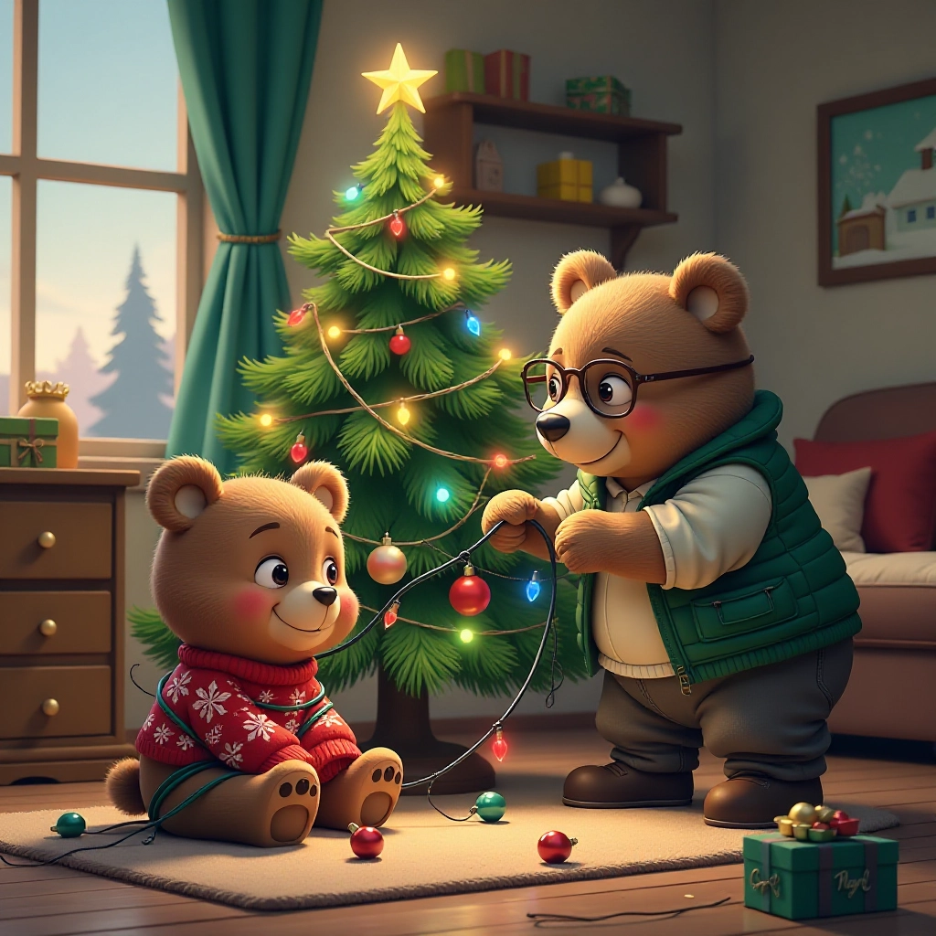 Humorous scene of bears getting tangled in Christmas lights.