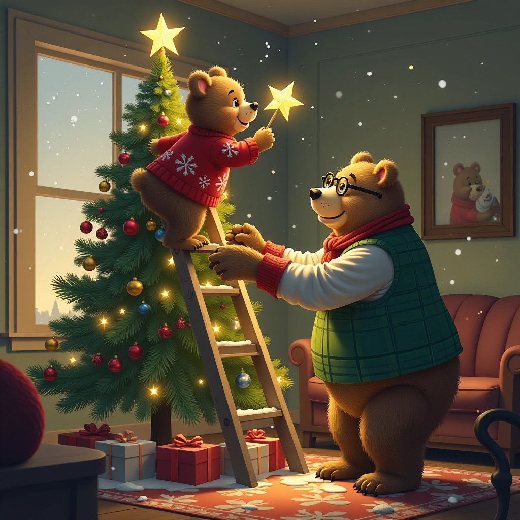 Dramatic moment as little bear places star on tree.