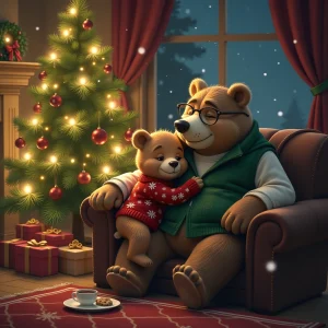 Cozy ending with bears admiring decorated tree.