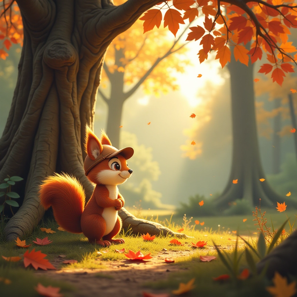 A young squirrel starts his morning adventure in search of chestnuts.