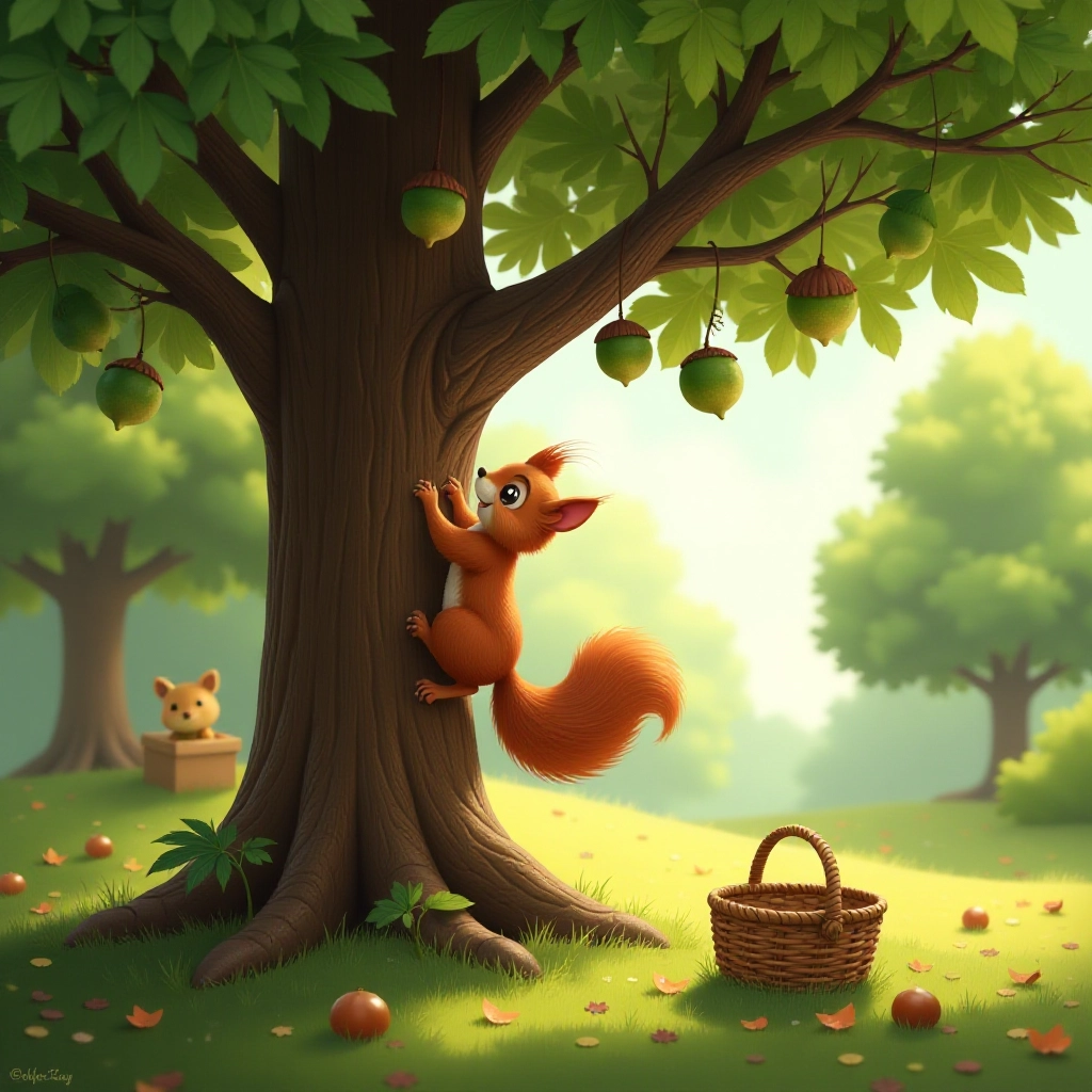 The squirrel discovers a grove of chestnut trees and begins his harvest.