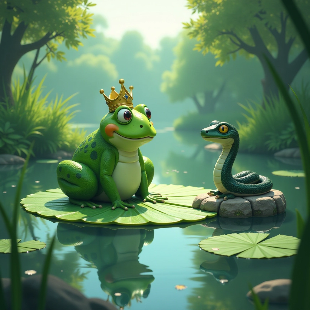 A peaceful morning at the pond introduces the Frog King and a mysterious snake.