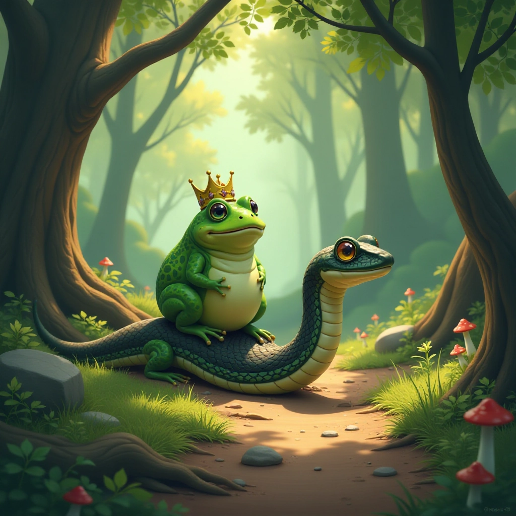 The snake takes the Frog King on an adventurous journey through the forest.
