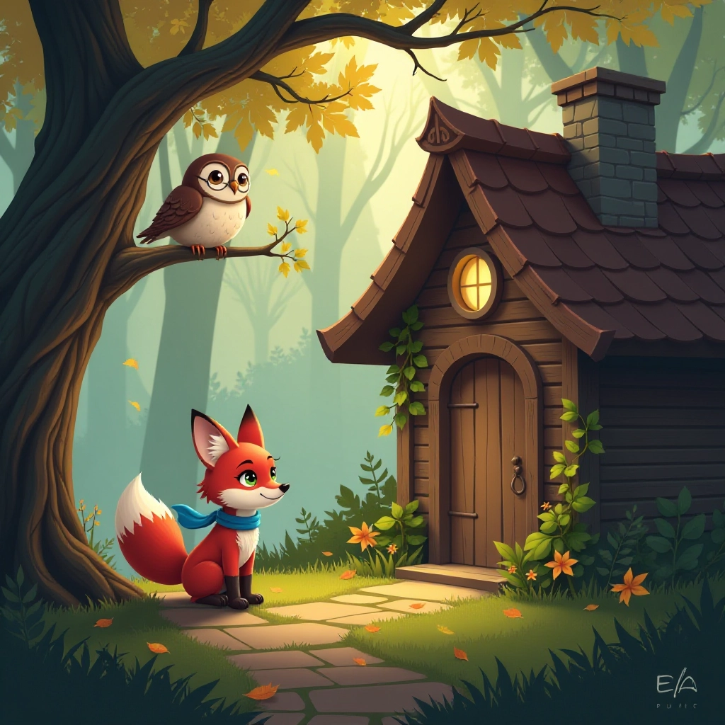 A young fox discovers a mysterious glowing crystal ball in a cottage