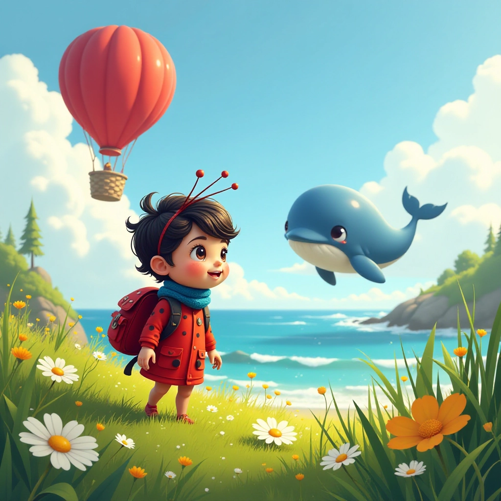 A tiny ladybug discovers a magical hot air balloon by the ocean