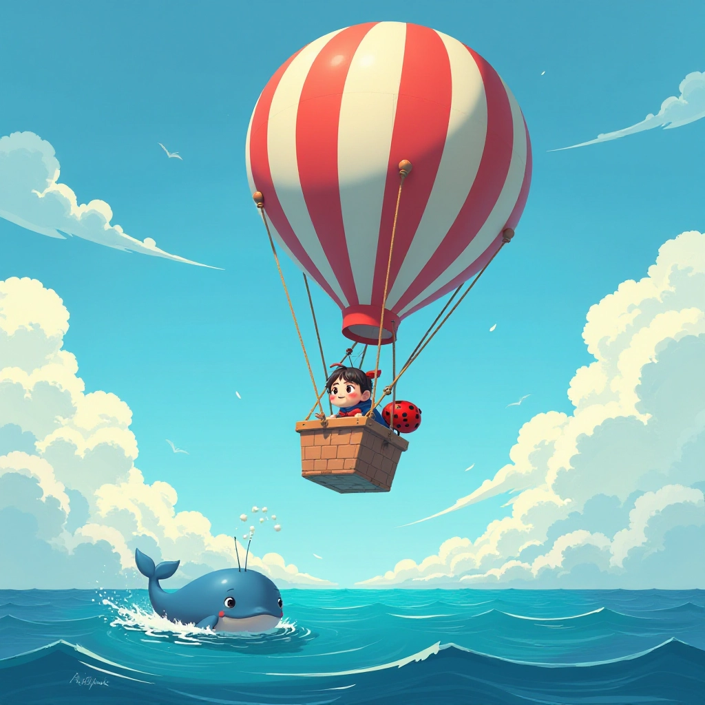 The brave ladybug begins her adventure in the sky with a whale watching from below