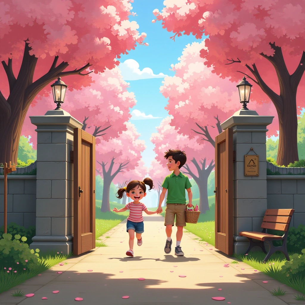 Family arriving at park with blooming cherry blossoms.