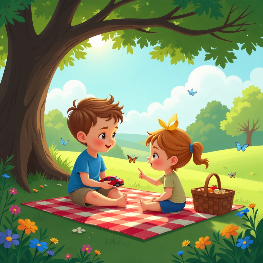 Family enjoying picnic on hilltop surrounded by butterflies.