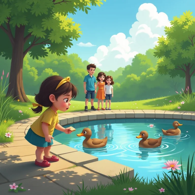 Family moment by pond feeding ducks together.