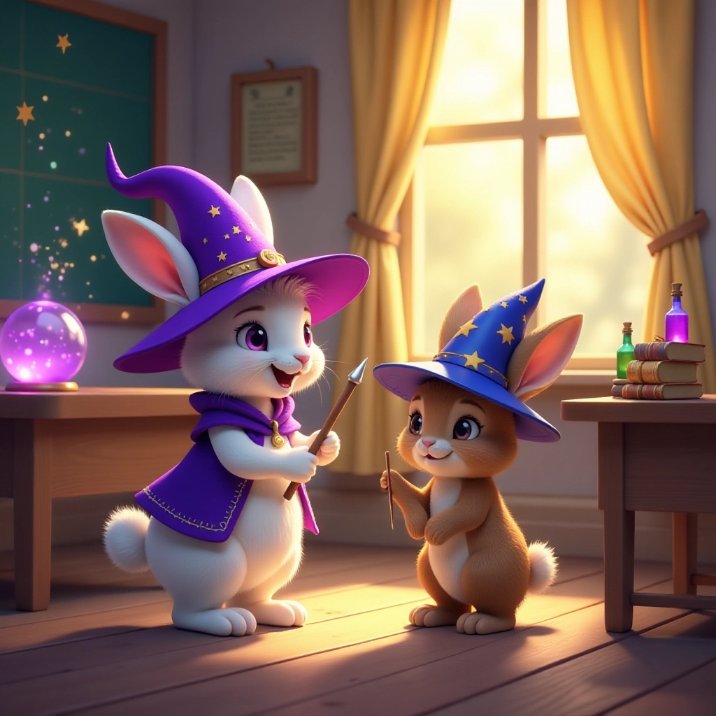 Two young rabbit apprentices begin their magical day at the Enchanted Forest Academy