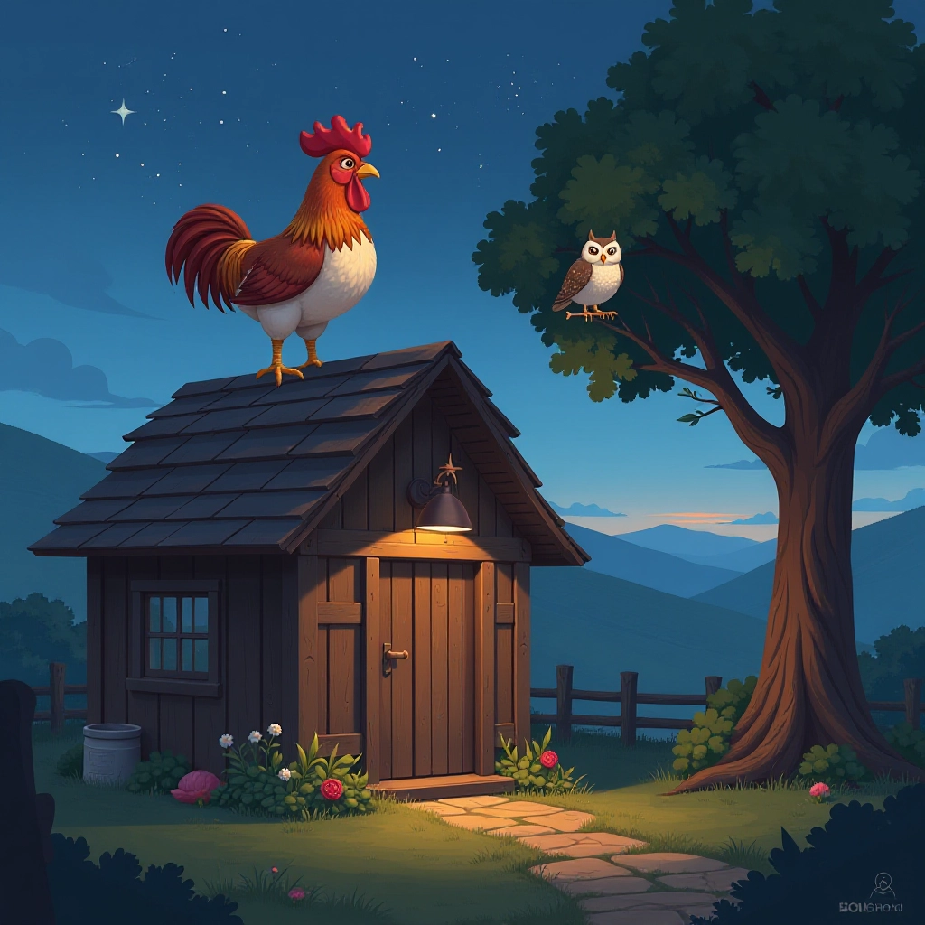 A sleepy rooster prepares for his important morning duty