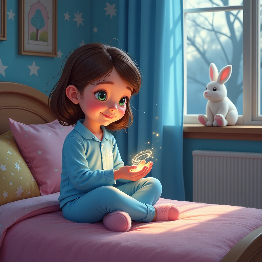 A young girl discovers a mysterious silver bracelet in her cozy bedroom.