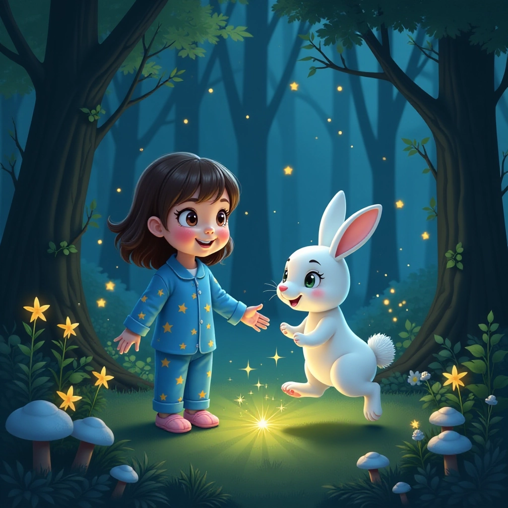 The magical bracelet transforms into a talking white rabbit in an enchanted forest.
