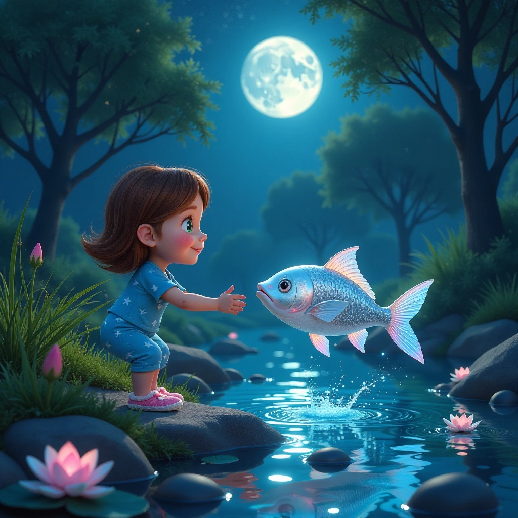 The magical bracelet becomes a shimmering fish in a mystical stream.
